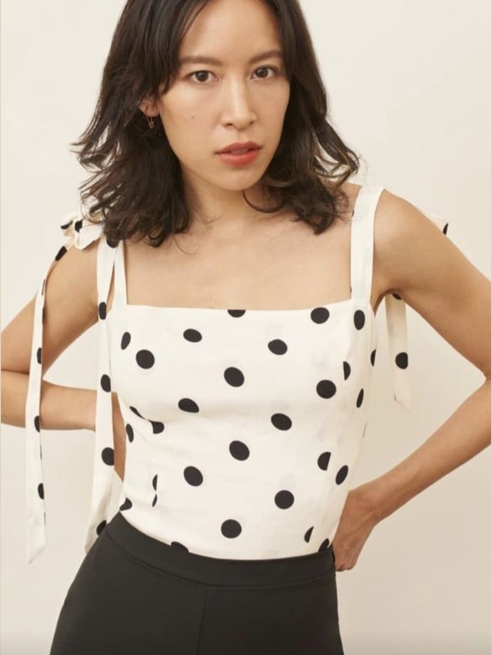 Reformation Ellora Polka Dot Tie-Strap Square Neck Tank Top In "Comet"